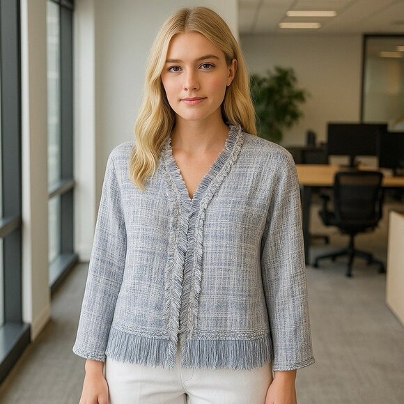 NEW WHBM Blue Tweed‎ Fringe Open Front Jacket Old Money Career Preppy XL